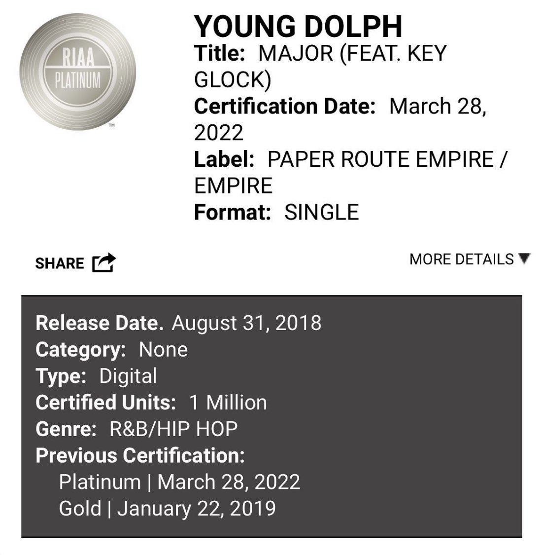 Today we just went Certified Platinum! @youngdolph feat. @keyglock “MAJOR” which dropped in 2018 is still in rotation! This single went to be on Young Dolph’s album “ROLE MODEL” and became a MAJOR hit. This was my first project I ever worked with Dolph and forever grateful! #LLD