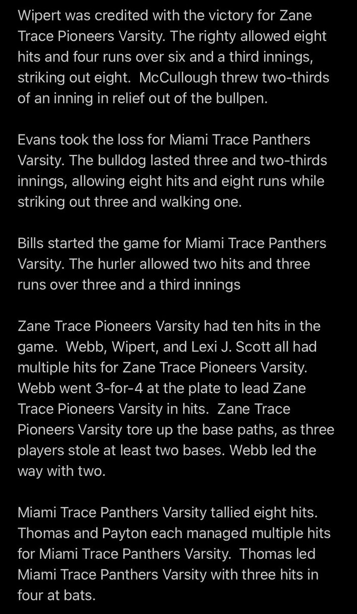 SOFTBALL FINAL: <a href="/ZaneTraceHSSB/">Zane Trace High School Softball🥎</a> 11, Miami Trace 4

<a href="/brynn_wipert/">Brynn wipert</a> (ZT): 6.1 IP, W, 8SO, 2 ER,2-4,2RBI,1R
<a href="/webbmo_7/">Morgan Webb</a> (ZT): 3-4, RBI, 2R, 2SB
<a href="/lexijoscott/">Lexi Scott</a> (ZT): 2-4, RBI, 2B, 2SB
<a href="/abby_guffey/">Abby Guffey</a> (ZT): 2-3, RBI, 2R, 2SB
<a href="/GraceyMcCullou7/">Gracey McCullough</a> (ZT): 1-4, RBI, 2R, SB
<a href="/alaynajbutler/">Alayna Butler</a> (ZT): 1-4, 1R