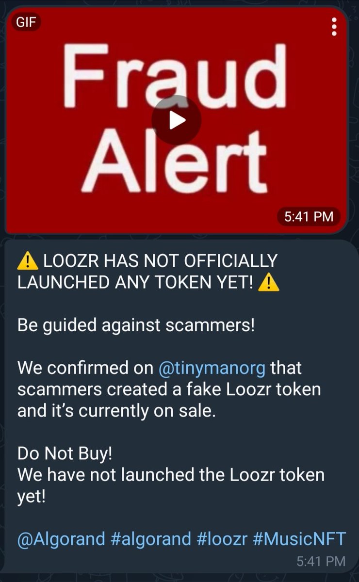 TheAngelOfAres's tweet image. Watch out #Algofam 👇🏻

This token is a scam:
tinychart.org/asset/682342970

@officialloozr have not released a token
⚠ ⚠ 🚨