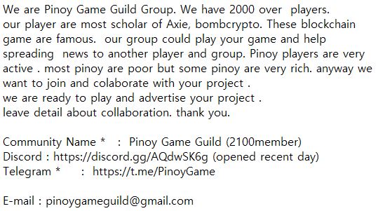 PinoyGameGuild's tweet photo. @BombCryptoGame Community Name *   :  Pinoy Game Guild (2100member)
Discord : https://t.co/n32Qf5OhLU (opened recent day)
Telegram *     :  https://t.co/7RNywJqQFj
 
E-mail : pinoygameguild@gmail.com https://t.co/f39SLxUREJ