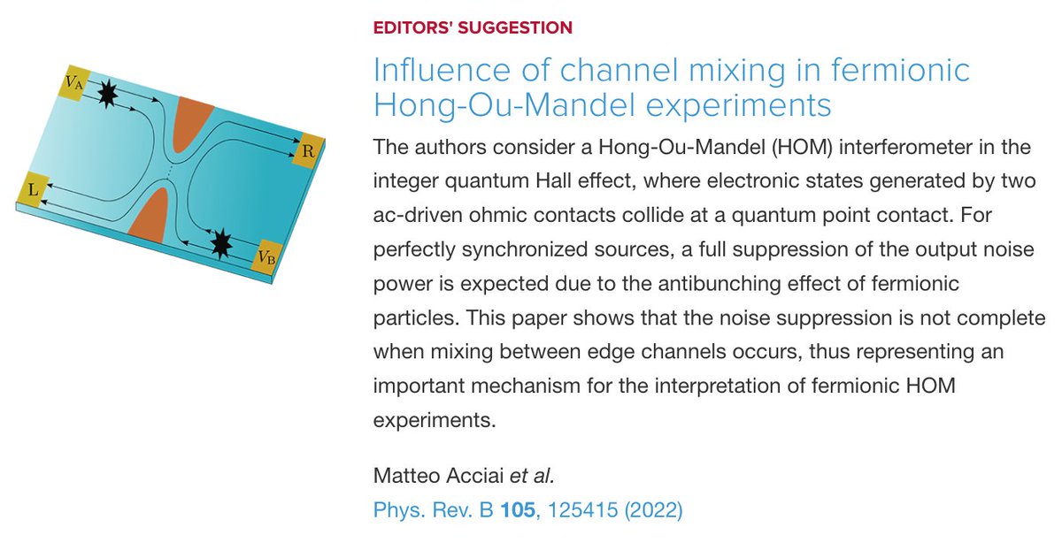 PhysRevB's tweet photo. PRB Editors' Suggestion: Influence of channel mixing in #fermionic #Hong_Ou_Mandel experiments
M. Acciai, P. Roulleau, I. Taktak, D. C. Glattli, and J. Splettstoesser
Phys. Rev. B 105, 125415
#OpenAccess #physics #condmat #EdSugg @APSPhysics
Article: https://t.co/frHKBSeXGK https://t.co/dN1TYq1b1N