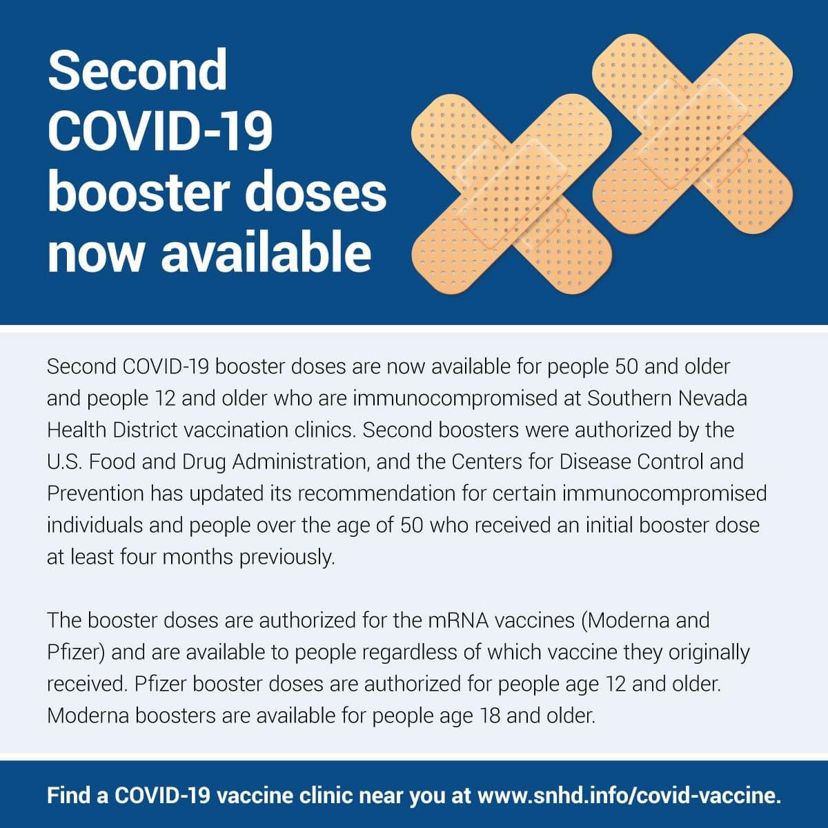 SNHDinfo's tweet photo. The Health District is now offering second COVID-19 booster doses for people 50+ and people 12 and older who are immunocompromised. Find a COVID-19 vaccine clinic near you at https://t.co/oHliUXdhHY. https://t.co/APucvJKNZG