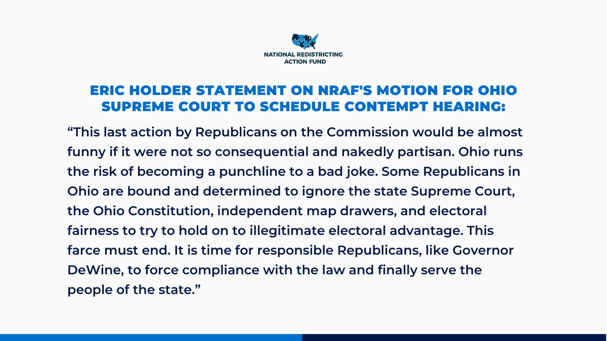 EricHolder's tweet photo. Some Republicans in Ohio are determined to ignore the constitution, court orders, and electoral fairness to try to hold on to illegitimate power. It's time for responsible Republicans in Ohio, like Gov. DeWine, to force compliance with the law and draw #FairMaps. https://t.co/9RK8lEHFco