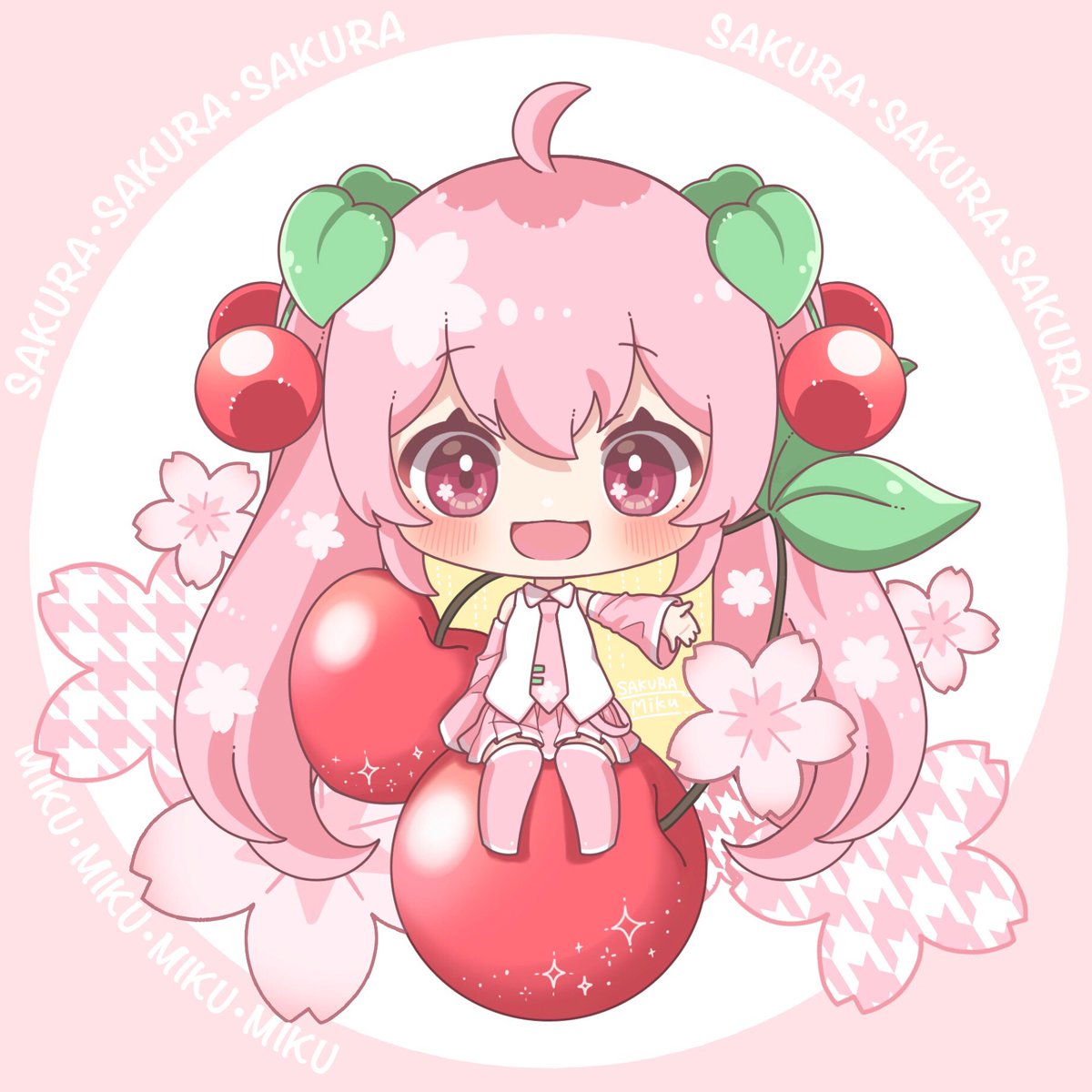 初音ミク「ピアプロ運営です。本日は「桜ミク」作品をご紹介!Suiさんのさくらんぼに座る桜ミ」|piapro(ピアプロ)のイラスト