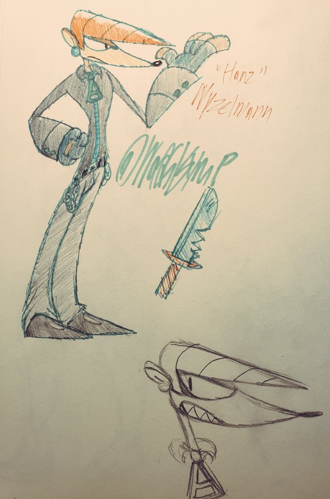 21. Wyzelmann initially had a first name, Hanz, but I decided to make him a mononymous character. His name is just Wyzelmann.

He has a pretty elaborate conceot page albeit its all over the place

Wyzelmann also wielded a jagged knife, but I eventually gave him The Blade Beamers. 