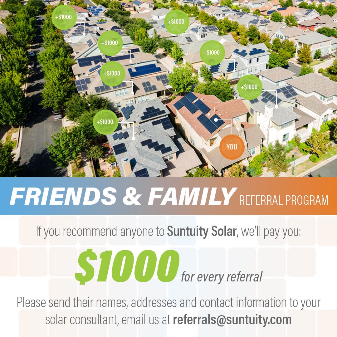 Suntuitylife's tweet photo. Refer and you shall receive! The words out that our Friends &amp; Family program has just leveled-up. Earn $1,000 for every referral. 

Email us at referrals@suntuity.com to start earning. 

#solarreferrals #friendsandfamily #solar #gosolar #solarpower #greenenergy #gogreen https://t.co/FZkqhDGk9v