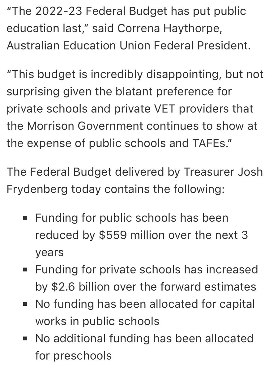 Public school funding to be cut by $559 million over next three years. Private school funding increased by $2.6 billion. How does this make sense? What is “private” about these schools? This is the rich stealing from the poor, it’s vile and it must be stopped. #Budget2022