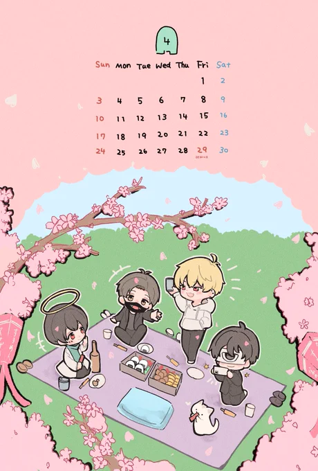 ✨🌸4月カレンダー🍻✨
#するめん 
#なつめせんせ絵 
#せんたんあーと
#あるまぁーと 
#スナザメ絵 