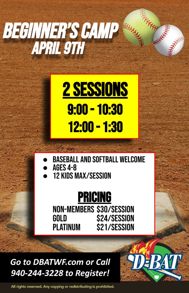 DBatWF's tweet photo. Beginners Camp!
April 9th

Register for Session 1 or Session 2 Using the Link Below!
https://t.co/zMmomTHX3K https://t.co/eB9dJ1aKrf