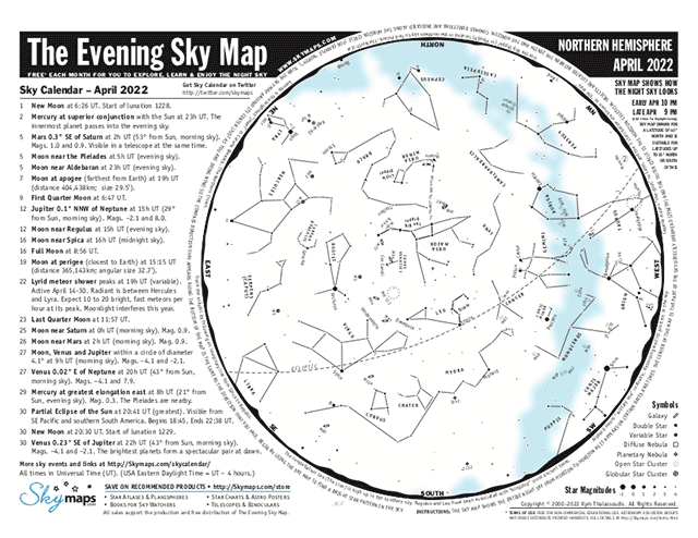 The Evening Sky Map (PDF) for April 2022 is now available: skymaps.com/tesm/ Featuring a Sky Calendar and easy-to-use Sky Maps for the northern hemisphere, southern hemisphere &amp; equatorial regions. Please share. Clear skies! #astronomy #stargazing #space #nightsky