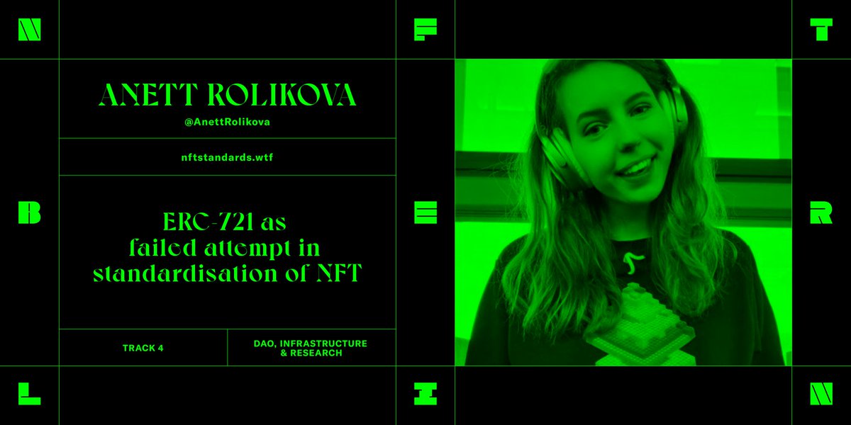 Speaker announcement ⚪️⚫️

ERC-721 as a failed attempt to standardise NFT

<a href="/AnettRolikova/">⟠ Anett ⟠ anett.eth 🪐🐳</a> from nftstandards.wtf will talk about current NFT smart contract standards, research, issues with ERC-721, ERC-1155 and possible solutions.

See you at NFTBERLIN, 25-27 May, '22