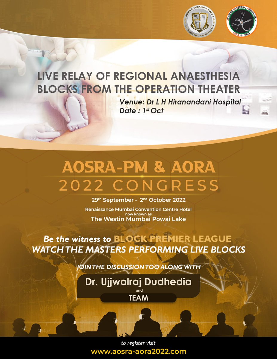 AoraIndia's tweet photo. Be the witness to BLOCK PREMIER LEAGUE, WATCH THE MASTERS PERFORM LIVE BLOCKS.
Live relay of regional anesthesia blocks from the operation theater.
At Dr L H Hiranandani Hospital
on 1st October 2022
#anaesthesia #painfreeworld https://t.co/LNyFawi5TF