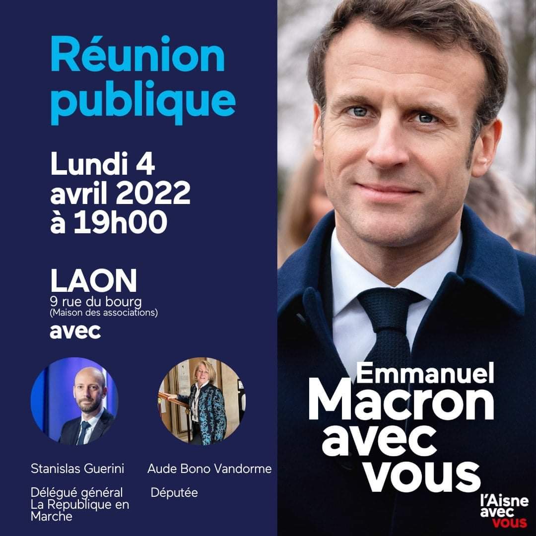 Venez nombreux, ce lundi 4 avril à 19h, à la maison des associations de #Laon, pour notre réunion publique #MajoritePresidentielle en présence de Stanislas Guerini !

#AvecVous <a href="/AudeBono/">Aude Bono-Vandorme</a> <a href="/MarcDelatte/">Marc Delatte</a> <a href="/JKrabal/">Jacques Krabal</a> <a href="/PartiAisne/">Parti Radical Aisne</a>