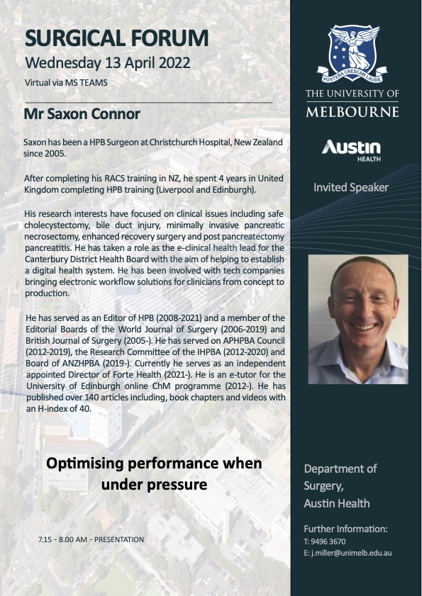 ANSASurgery's tweet photo. Surgical Forum on Wednesday 13th April 2022, commencing at 7.15am.  Our speaker is Mr Saxon Connor, HPB Surgeon, Christchurch, New Zealand, who will be presenting a lecture on “Optimising performance when under pressure”.
#surgery #generalsurgery #surgeon  #ANSA https://t.co/V1BkPzJqOR