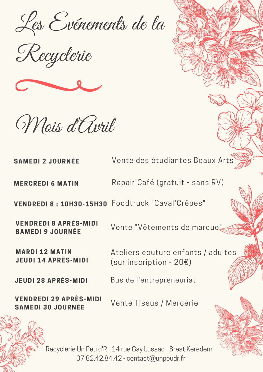 #Brest #zérodéchet #réemploi #repaircafé #secondemain  Il va s'en passer des choses en avril à la recyclerie ! 😍
Petit récap des événements à venir... (promis, on vous re-précisera chaque événement au fur et à mesure 😉)