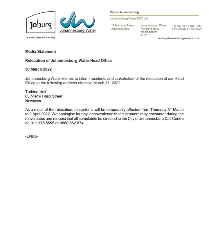 Johannesburg Water on Twitter "Relocation of Johannesburg Water head