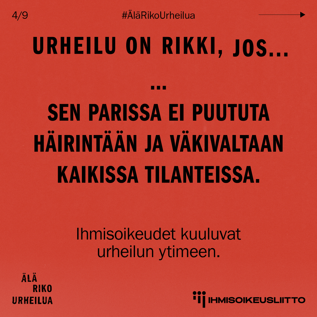 ihmisoikeus's tweet photo. Urheilussa tarvitaan syvällistä muutosta, jossa #ihmisoikeudet otetaan kokonaisvaltaisesti työn perustaksi. ‼️

#ÄläRikoUrheilua -sivuilta lisätietoa, suositeltavaa lukemista etenkin urheilun vastuutahoille 👉

https://t.co/LGBpmyPsgP

#Naistenoikeudet #Tasaarvo #Häirintä https://t.co/66QgbM4CPW