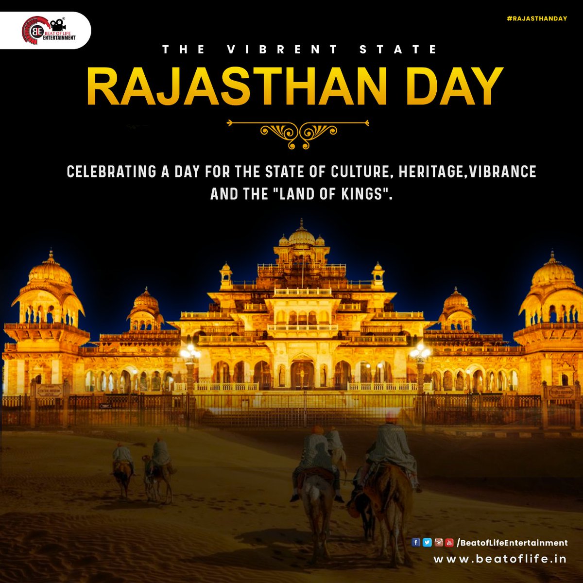 beatoflifeent's tweet photo. Celebrating a day for the State of Culture, Heritage, Vibrance and the "Land of Kings
#RajasthanFoundationDay
#rajasthanDiwas #rajasthandiwas2022 #राजस्थान_दिवस #beatofLifeentertainment #socialmediamarketing #digitalmarketing #digitalpost #social #socialmediapost #festivalpost https://t.co/lGkJRwkiDc