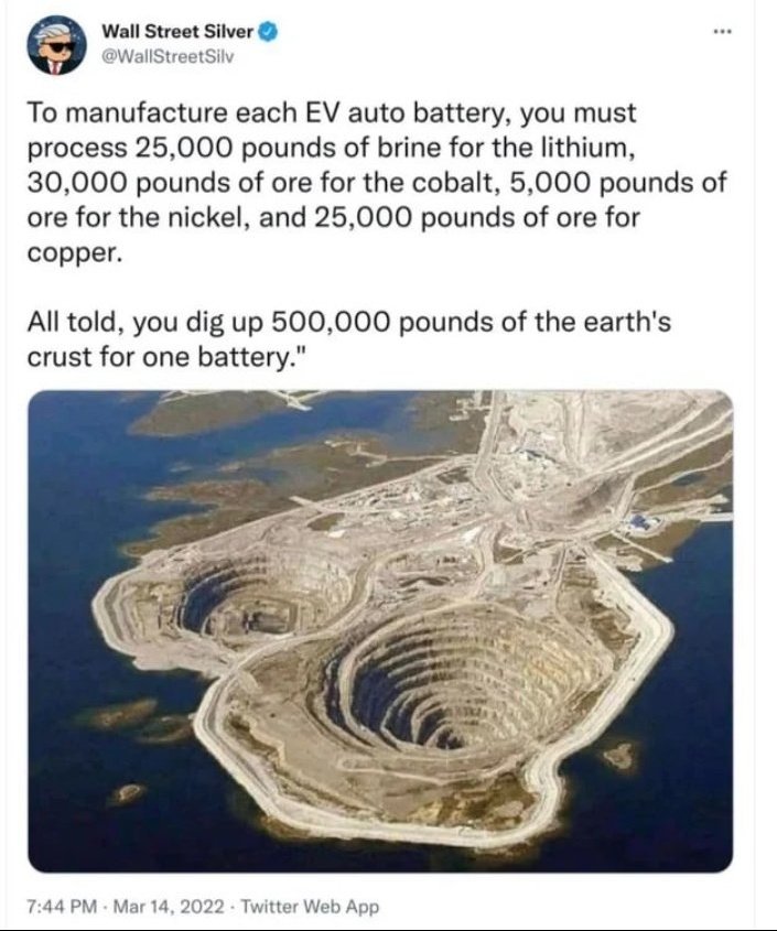 Чтобы произвести всего одну (!) батарею для электромобиля надо переработать примерно 12000кг породы с литием, 15000кг породы с кобальтом,  2400кг с никелем и 12000кг породы меди. А всего надо переработать примерно 250'000кг ископаемых. Зелёная экономика о#уительна!