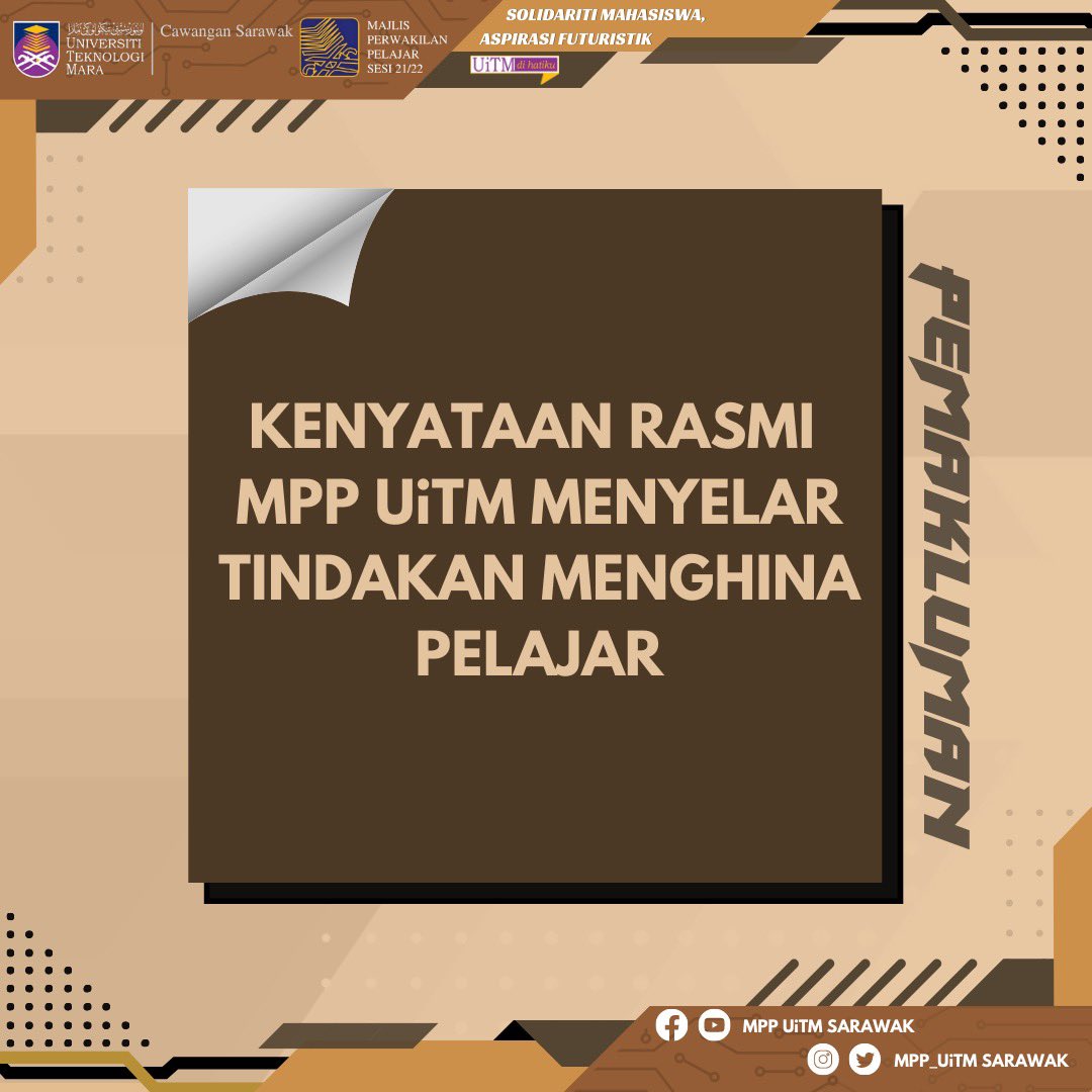 mpp_uitmsarawak's tweet photo. [KENYATAAN RASMI MPP UiTM MENYELAR TINDAKAN MENGHINA PELAJAR]

Merujuk perkara di atas, berikut merupakan Kenyataan Rasmi yang dikeluarkan oleh Saudara Rasydan Bin Mohd Hassan selaku Yang Dipertua Majlis Perwakilan Pelajar UiTM se-Malaysia sesi 2021/2022.

#UiTMDiHatiku
#MPPUiTM https://t.co/C7P0FEyQj3