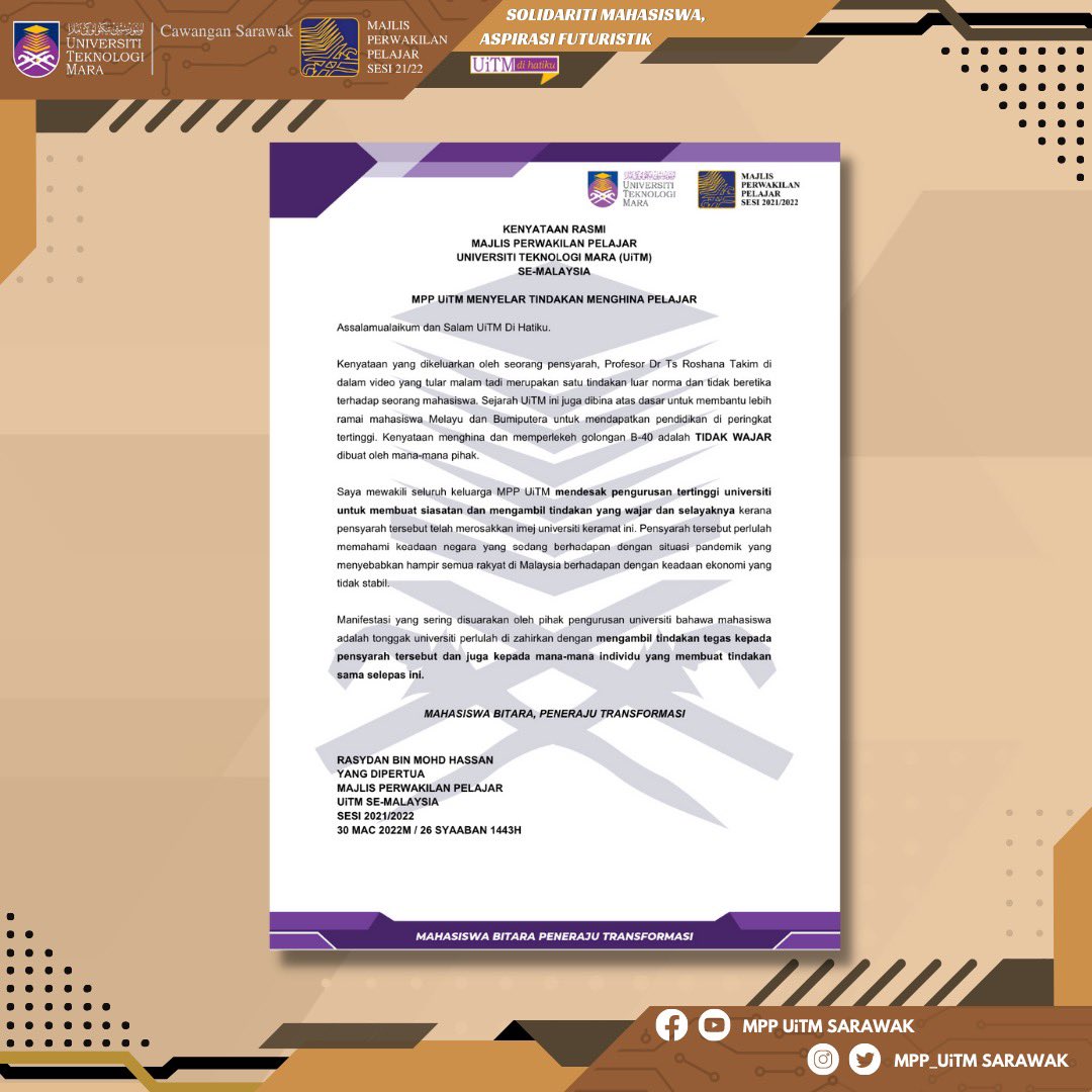 mpp_uitmsarawak's tweet photo. [KENYATAAN RASMI MPP UiTM MENYELAR TINDAKAN MENGHINA PELAJAR]

Merujuk perkara di atas, berikut merupakan Kenyataan Rasmi yang dikeluarkan oleh Saudara Rasydan Bin Mohd Hassan selaku Yang Dipertua Majlis Perwakilan Pelajar UiTM se-Malaysia sesi 2021/2022.

#UiTMDiHatiku
#MPPUiTM https://t.co/C7P0FEyQj3