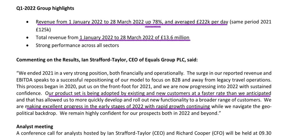 #EQLS ~FY EBITDA marginally ahead of Jan t/s. Flagging an outstanding Q1 FY22 with revenues +78%👇🏻😀

Bullish outlook: Faster adoption of products &amp; making excellent progress in 2022. Brokers have c.£51m rev forecasts for FY BUT <a href="/equals__money/">Equals Money</a> look set to blow this out the park!