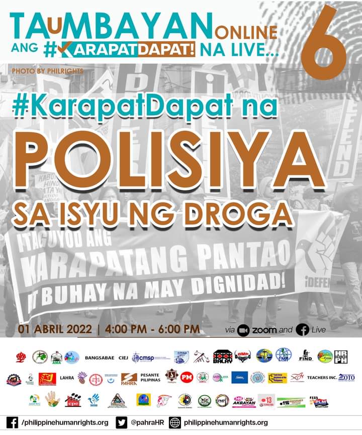Ngayong Biyernes talakayin naman natin ang:

#KARAPATDAPAT NA POLISIYA SA ISYU NG DROGA
APRIL 01| 4PM-6PM | LIVE SA PAHRA FB PAGE

#KarapatDapat na Agenda
#Halalan2022
#HumanRights Agenda