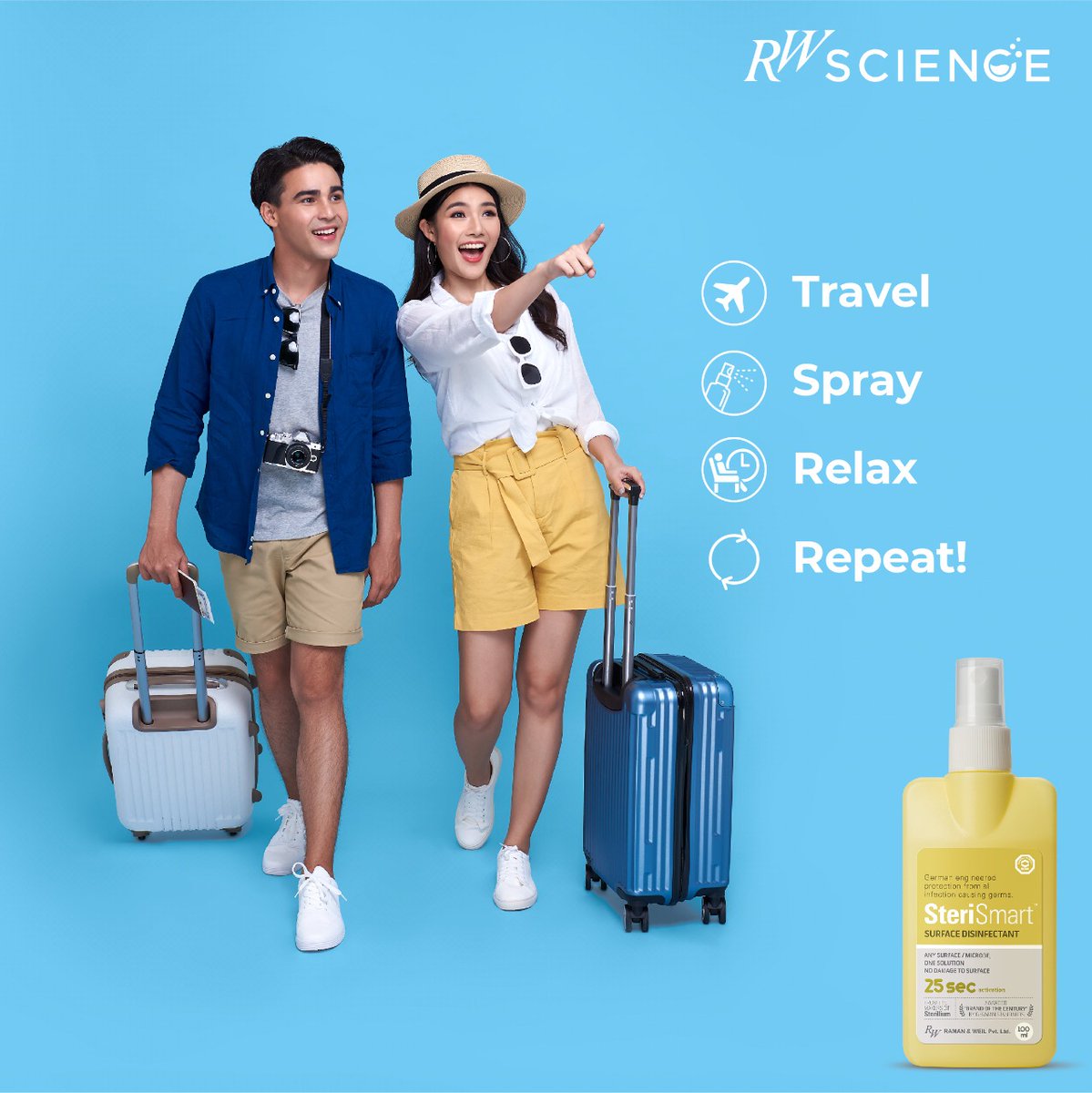 Meet your new travel buddy SteriSmart. With travel-friendly packaging and an easy-to-use spray action that disinfects any surface in just 25 seconds.

#RWScience #IndianScience #madeinindia #care #Wash #science #healthexperts #doctors #medical #trusted #stayhealthy #WHO #staysafe