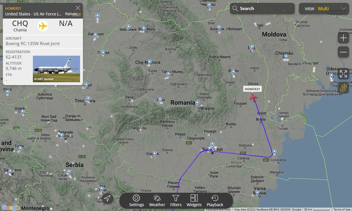 myitlabro's tweet photo. Eyes in the sky over #Romania #openskyro on 30/03/2022 at 9am:
- #Homer31 Boeing RC-135W Rivet Joint
Visible on #flightradar24 :
https://t.co/HIgCHGLkfG https://t.co/oTn647IsE2