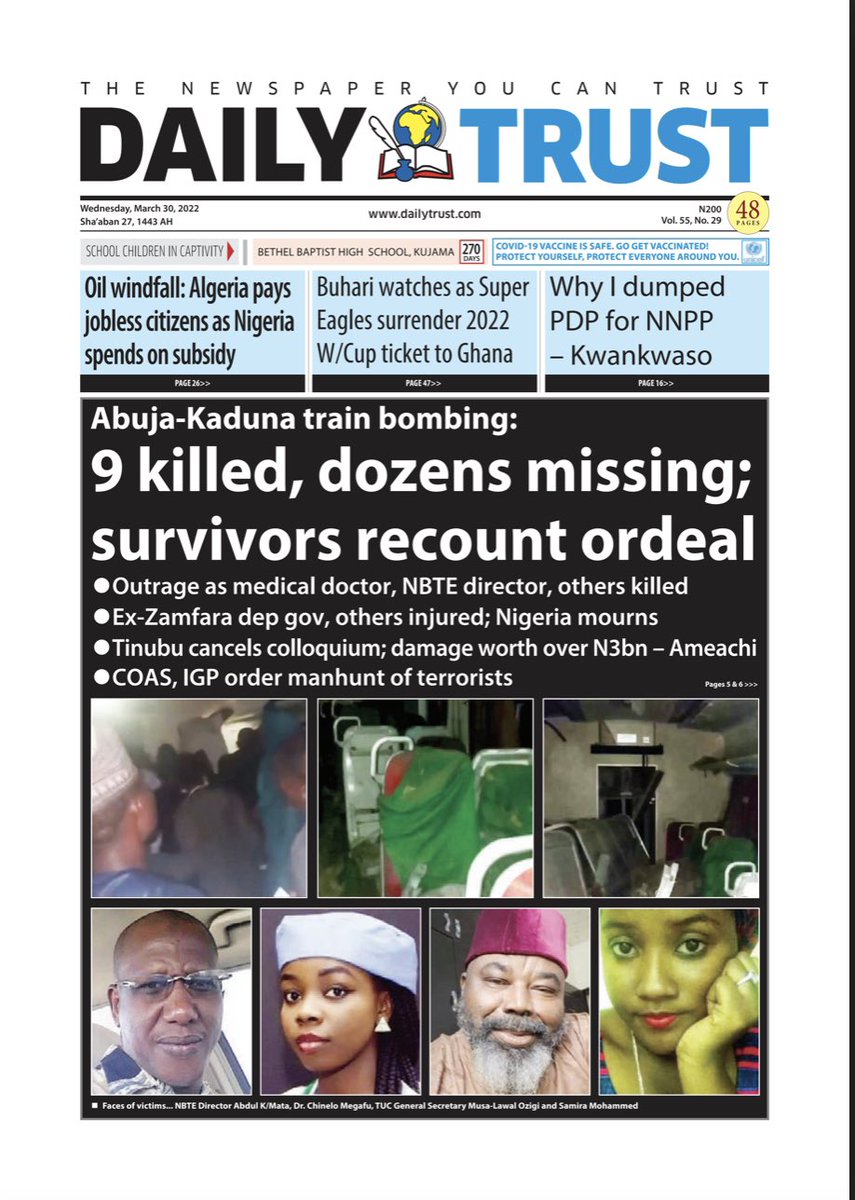 bulamabukarti's tweet photo. So sad to see the faces of some of the victims of the Abuja-Kaduna train bombing. May they rest in peace. They’ve been woefully failed by a useless government. Only in Buhari’s Nigeria can a completely useless bunch of terrorists be allowed to kill the best of us. It’s so sad. https://t.co/5iZE85RmHn