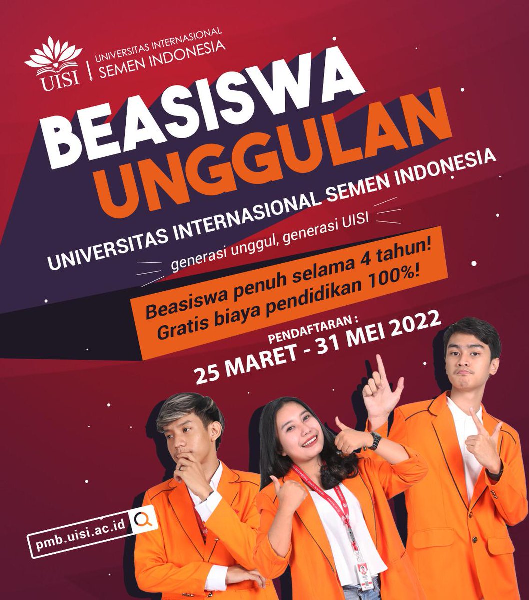 tip_uisi's tweet photo. Beasiswa Unggulan Universitas Internasional Semen Indonesia

"Generasi Unggul, Generasi UISI!"

Beasiswa ini merupakan beasiswa penuh selama 4 tahun! Gratis biaya pendidikan 100%!

Periode pendaftaran 25 Maret - 31 Mei 2022

Klik https://t.co/nxMgEsQfMW https://t.co/kmhYyJlBOs