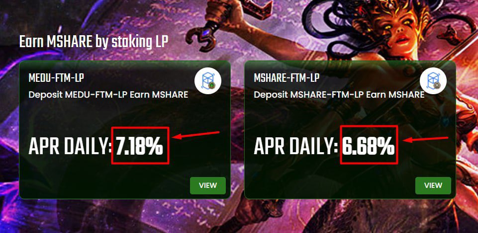 🐍 UPDATE APR TRACKING 🐍
 
APR - Annual Percentage Rate shows you your current profits of your investment. 
 
📍 APR with MEDU FTM-LP: 
  
・Daily APR: 7.18%
・Payback Period: 13.9 Days
 
📍 APR with MSHARE-FTM LP:  
  
・Daily APR: 6.68%
・Payback Period: 14.9 Days
#Medusa #ftm