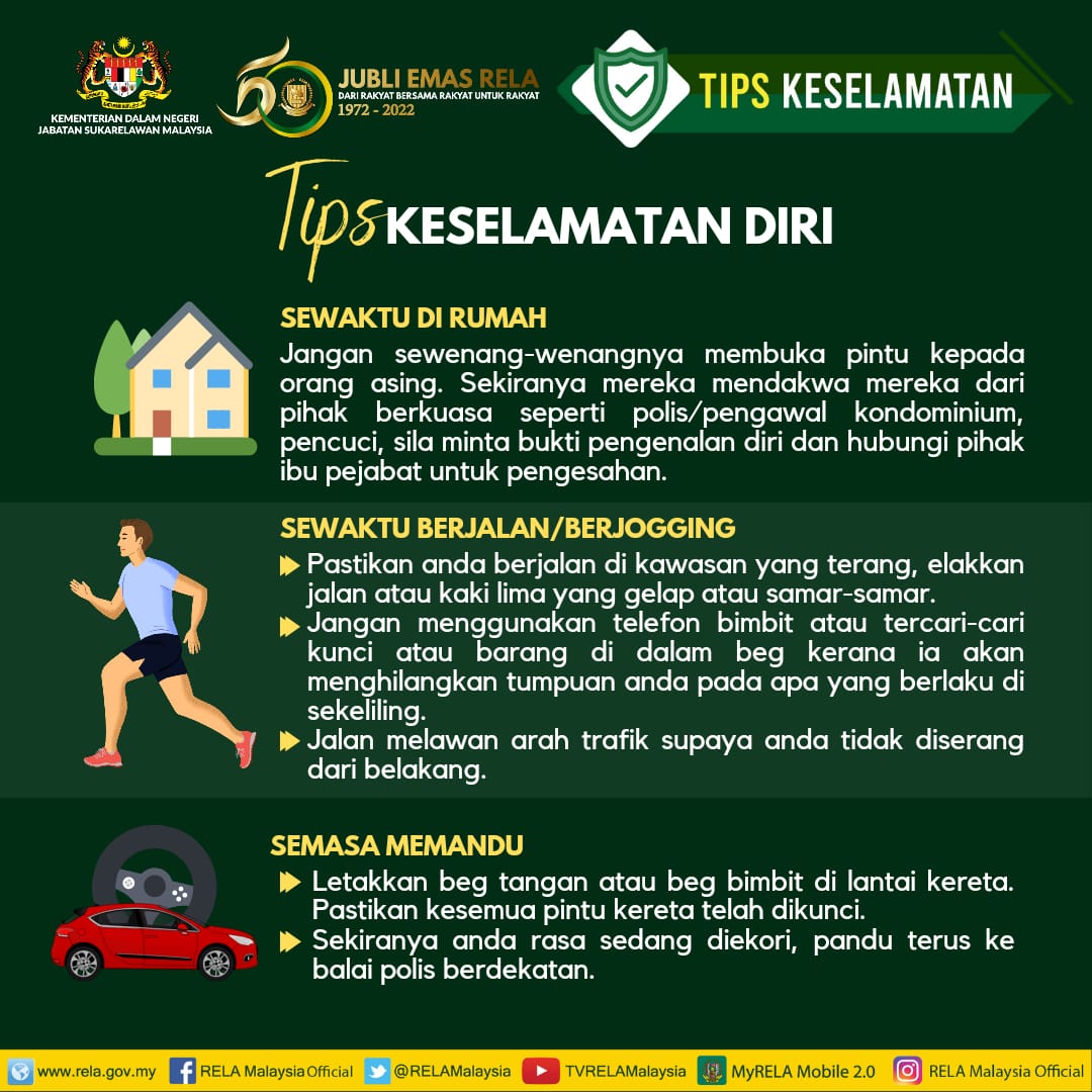 relamalaysia's tweet photo. 𝗧𝗜𝗣𝗦 𝗞𝗘𝗦𝗘𝗟𝗔𝗠𝗔𝗧𝗔𝗡 :
30 Mac 2022 | Rabu :

" Tips Keselamatan Diri " 
Sila baca perkongsian ini dan sebarkan!
#JubliEmasRELA #SetiaBerbakti

@KDNPUTRAJAYA @dhzhamzah @IsmailSaid087 @jonathanyasin @wandahlan @yahyakgc @SazaliZin https://t.co/0N7ty5TFxD