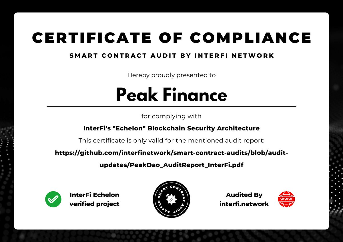 InterFi Network has completed a smart contract security audit of: 
@PeakFinance_DAO (Peak Finance)

The full audit report can be read on our GitHub: github.com/interfinetwork…

To request a audit please contact: 
<a href="/InterFiNetwork/">InterFi Audits 🛡</a> 
 #smartcontract #interfi