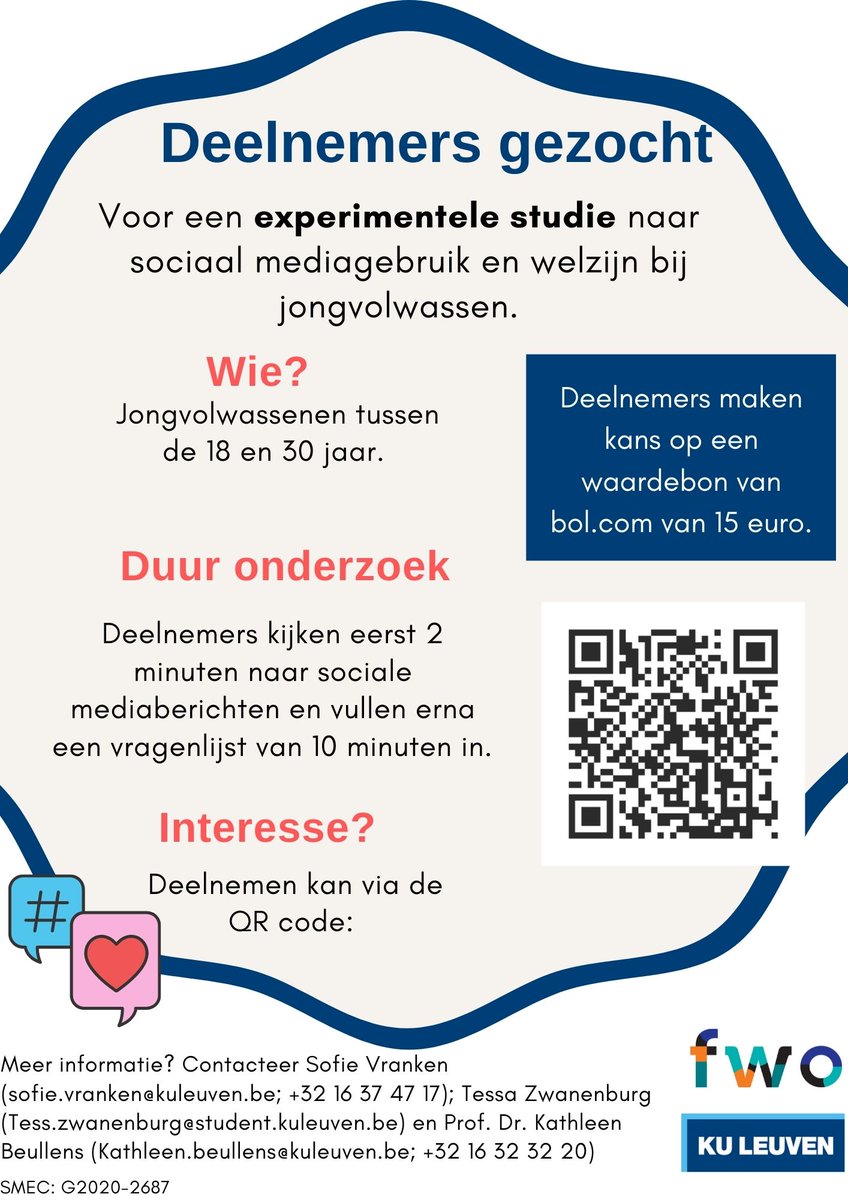 📢 Participanten tussen de 18 en 30 jaar gezocht 📢
We zoeken momenteel jongvolwassenen die willen deelnemen aan een online experiment over sociaal mediagebruik en welzijn. Deelnemen kan via: kuleuven.eu.qualtrics.com/jfe/form/SV_29…