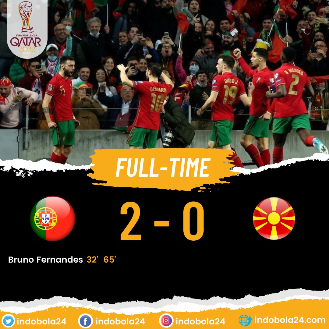 indobola24's tweet photo. Timnas Portugal mengamankan tempat di Piala Dunia 2022 setelah menumbangkan Makedonia Utara dalam pertandingan kualifikasi zona Eropa dengan score 2-0 yang dicetak oleh bruno fernandes.
#portugalmacedonia #PORMAC #Portugal #CristianoRonaldo #BrunoFernandes #PialaDunia2022 https://t.co/FLbF3GlBqu