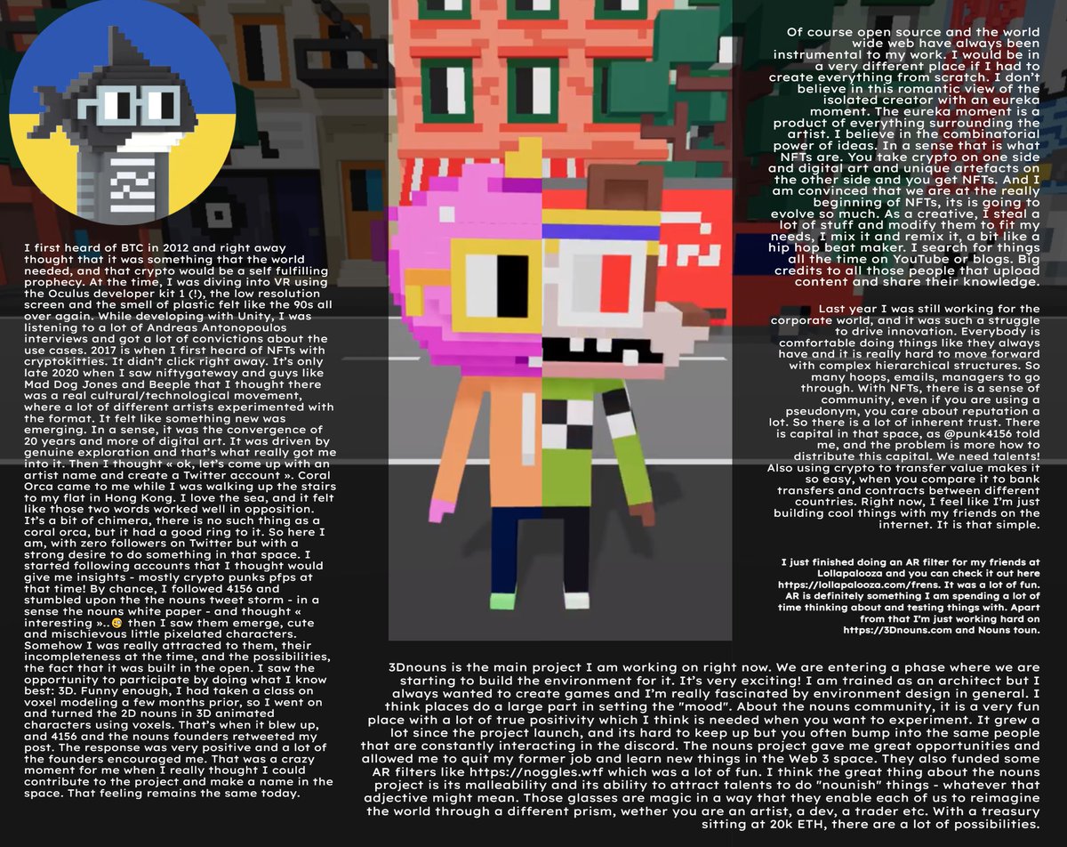 coralorca's tweet photo. Check out my interview with @DIGITALAX_  here on desktop👉 https://t.co/nuIpQDbu9m
You get a really cool feeling for the CC0 NFT community from scrolling this indie publication! Also featured: @toady_hawk , @cdt_eth, @nounsense_wtf and my fren @0xFloyd! https://t.co/vTDfeZrZ8R