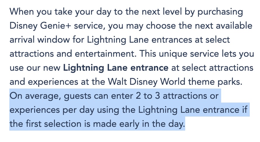 ScottGustin's tweet photo. Walt Disney World added a new line to the Genie+ Lightning Lane website:

"On average, guests can enter 2 to 3 attractions or experiences per day using the Lightning Lane entrance if the first selection is made early in the day." https://t.co/z0p7Q65G4K
