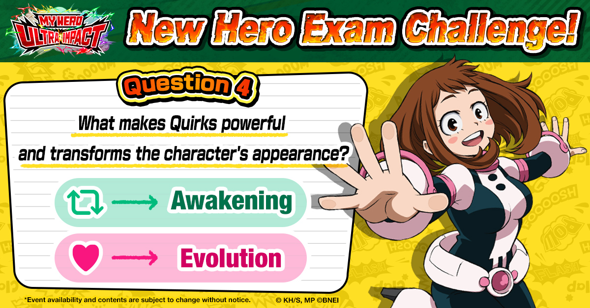 MyHeroUI's tweet photo. 【New Hero Exam Challenge! Question④ 1/2】

What makes Quirks powerful and transforms the character's appearance?
Answer with RT or LIKE!

Until 4/9 12:00 JST
Check out New Hero Masterclass, if you don't know the answer!
https://t.co/CGt9DNPUxF

DL→https://t.co/NkhJdSA3Jp
#MHUI https://t.co/0xZI7SJ1Qe