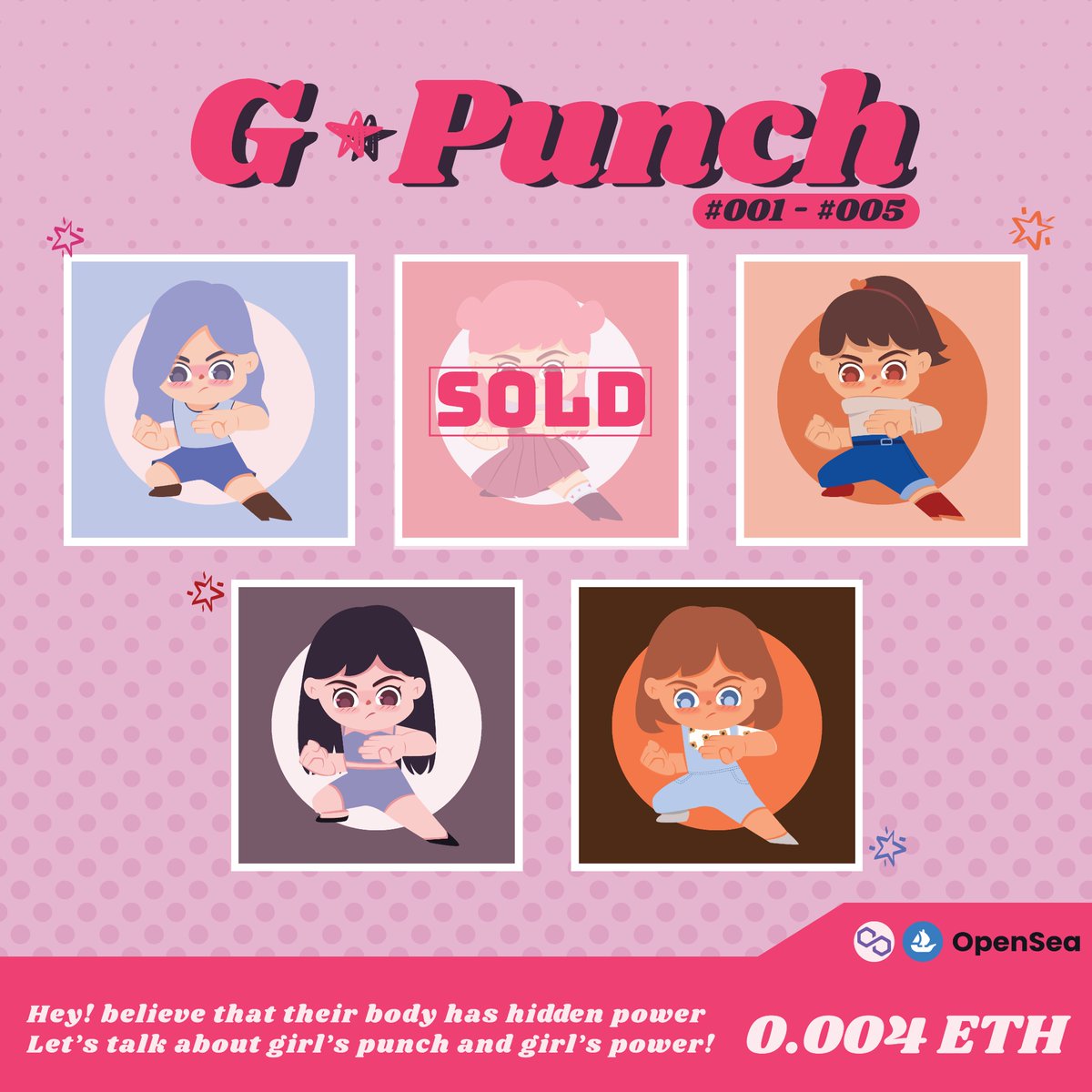 🌟Update🌟
“G Punch” Collection [Polygon] 💖

Let’s talk about girl’s punch and girl’s power!
GIRL CAN DO ANYTHING!!💪

📌 0.004 $ETH
📌Available now : opensea.io/collection/g-p…

#NFTs #NFTTHAILAND #nftcollector #NFTartist #NFTCommunity #NFTthai #ヨシオカのキャラ #NFTWomenUNITE