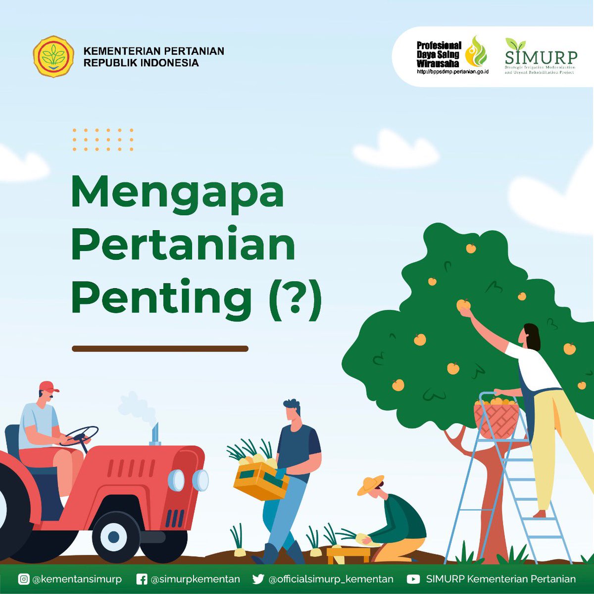 kementansimurp's tweet photo. Mengapa Pertanian Penting? Pertanian sangat penting dalam membangun perekonomian nasional termasuk perekonomian daerah. Selain itu berfungsi sebagai penyedia bahan pangan untuk ketahanan pangan masyarakat, pengentasan kemiskinan &amp; memberikan lapangan kerja. 

#pertania #simurp https://t.co/vh20nU5zor