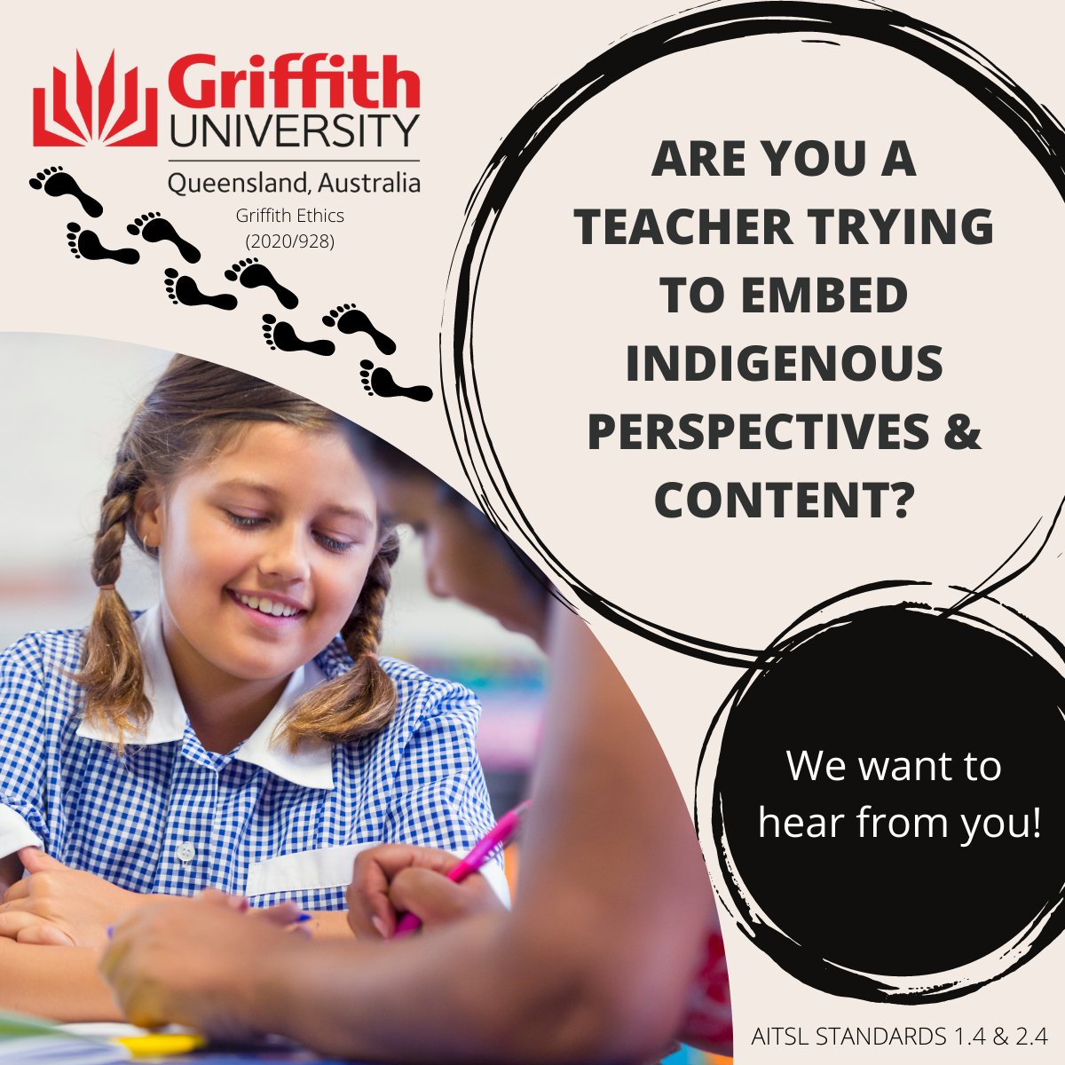 QLD teachers 📢

Do you want to learn or share your experiences of how to creatively embed AITSL standards 1.4 &amp; 2.4 in your classroom? 

We want to hear from you!
👉 tinyurl.com/Sm-Arts-basedS… 

#QLDeducation #IndigenousEducation #artspedagogy