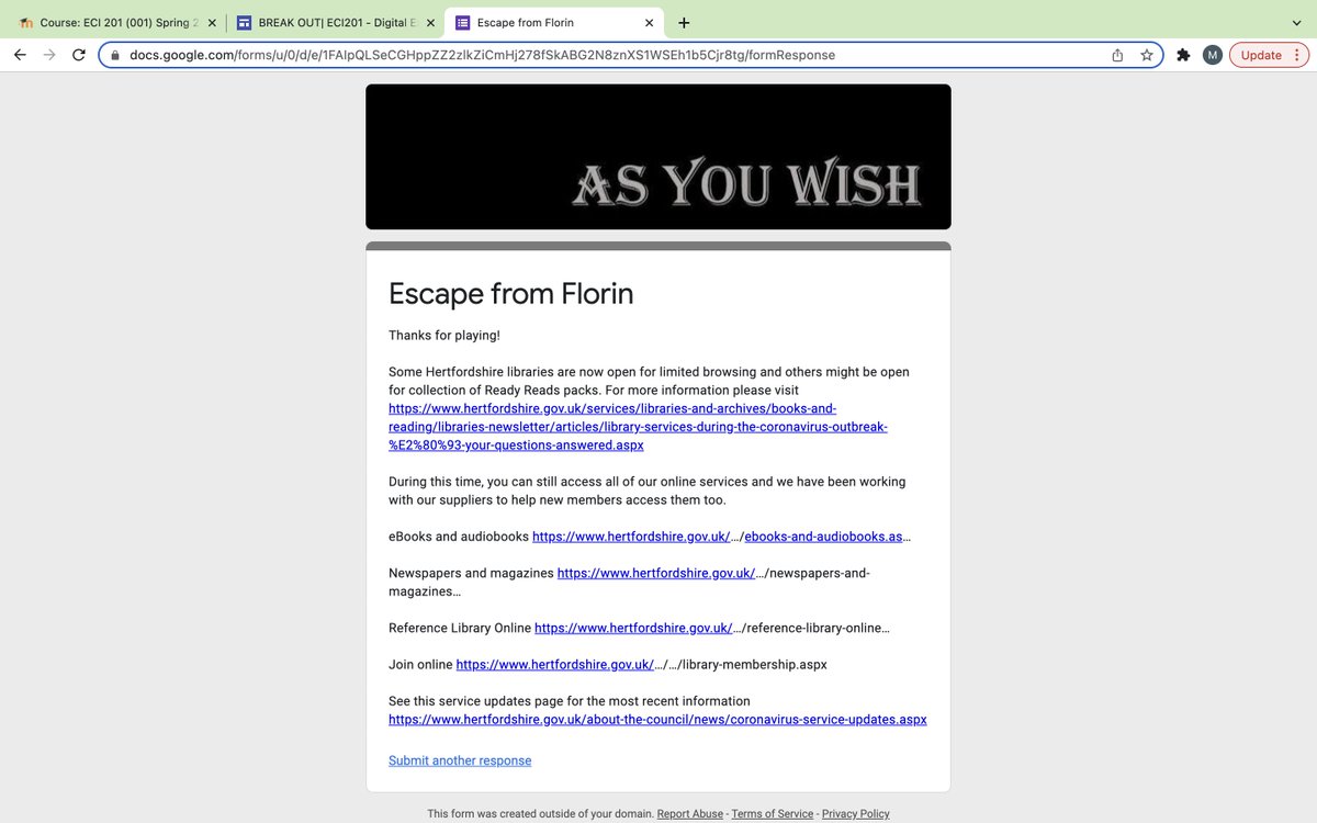JacobsenMaddi's tweet photo. Completed my "The Princess Bride" themed digital breakout! thanks @MADISONKYLIB for the great list of breakouts to explore! #eci201 https://t.co/Z5Lzl9i0PA