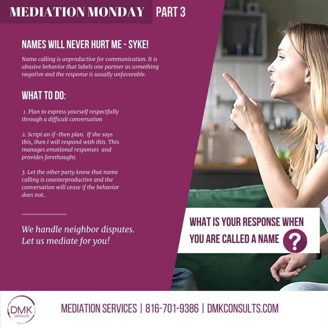 DMKConsults's tweet photo. *Worth a repeat…*

“Sticks and stones may break my bones but names break everything else.” - Dionne King 

What do you do when you are called a name?  

We hear this in mediation and guide parties to more productive communication. Let us mediate for you. https://t.co/93hQG0yHR3 https://t.co/pjuoAmT1u7