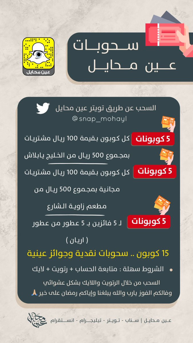 حبايبنا راح نسحب لـ 15 فائز بشكل عشوائي وبسيط 🙏🏼😇🎁الجوائز عبارة عن مشتريات مجانية وعينية من ( معرض الخليج يابلاش بمحايل والكوبونات بـ 500 ريال + مطعم زاوية الشارع والكوبونات بـ 500 ريال + عطور " أريان "المميزة واللي عددها 5 عطور ) ريتويت ولايك ومتابعة وفالكم الفوز .
#عين_محايل