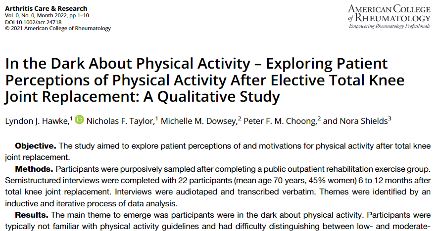 EH_Research (@eh_research) on Twitter photo Check out <a href="/hawke_lyndon/">Lyndon Hawke, PhD</a> new paper on patient perceptions of #PhysicalActivity after total knee replacement Patients have limited understanding of physical activity recommendations & prioritise meaningful life activities after surgery onlinelibrary.wiley.com/doi/10.1002/ac… Check out <a href="/hawke_lyndon/">Lyndon Hawke, PhD</a> new paper on patient perceptions of #PhysicalActivity after total knee replacement Patients have limited understanding of physical activity recommendations & prioritise meaningful life activities after surgery onlinelibrary.wiley.com/doi/10.1002/ac…