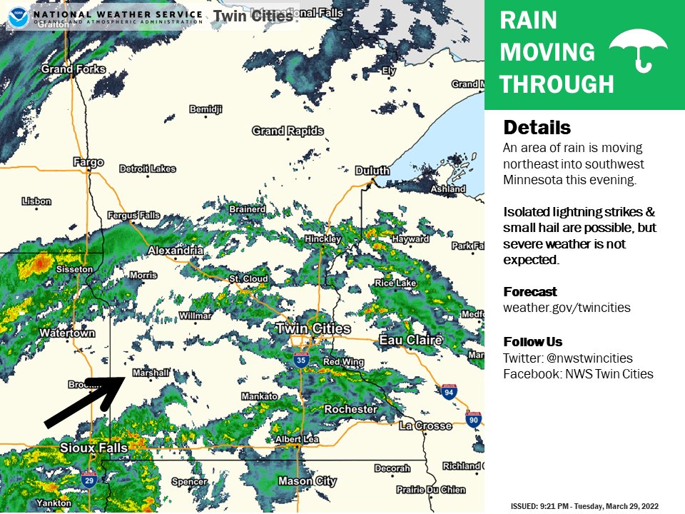 Another round of rain is moving into southwestern Minnesota. Isolated lightning strikes and small hail are possible, but severe weather is not expected. 

#mnwx #wiwx https://t.co/bbdBaqC2if