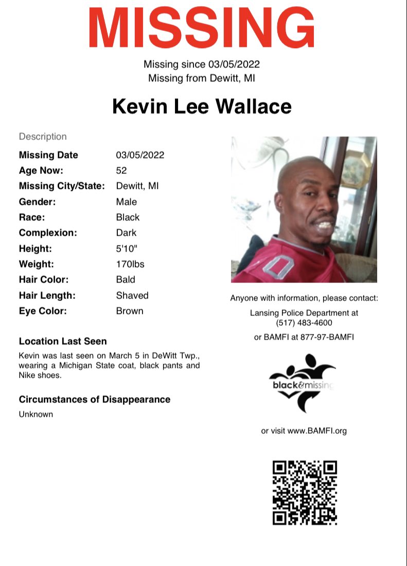 BAM_FI's tweet photo. #DeWitt, MI: 52y/o Kevin Wallace was last seen on March 5 in DeWitt Twp., wearing a Michigan State coat, black pants and Nike shoes.

#HelpUsFindKevinWallace https://t.co/5owmDUBbYY