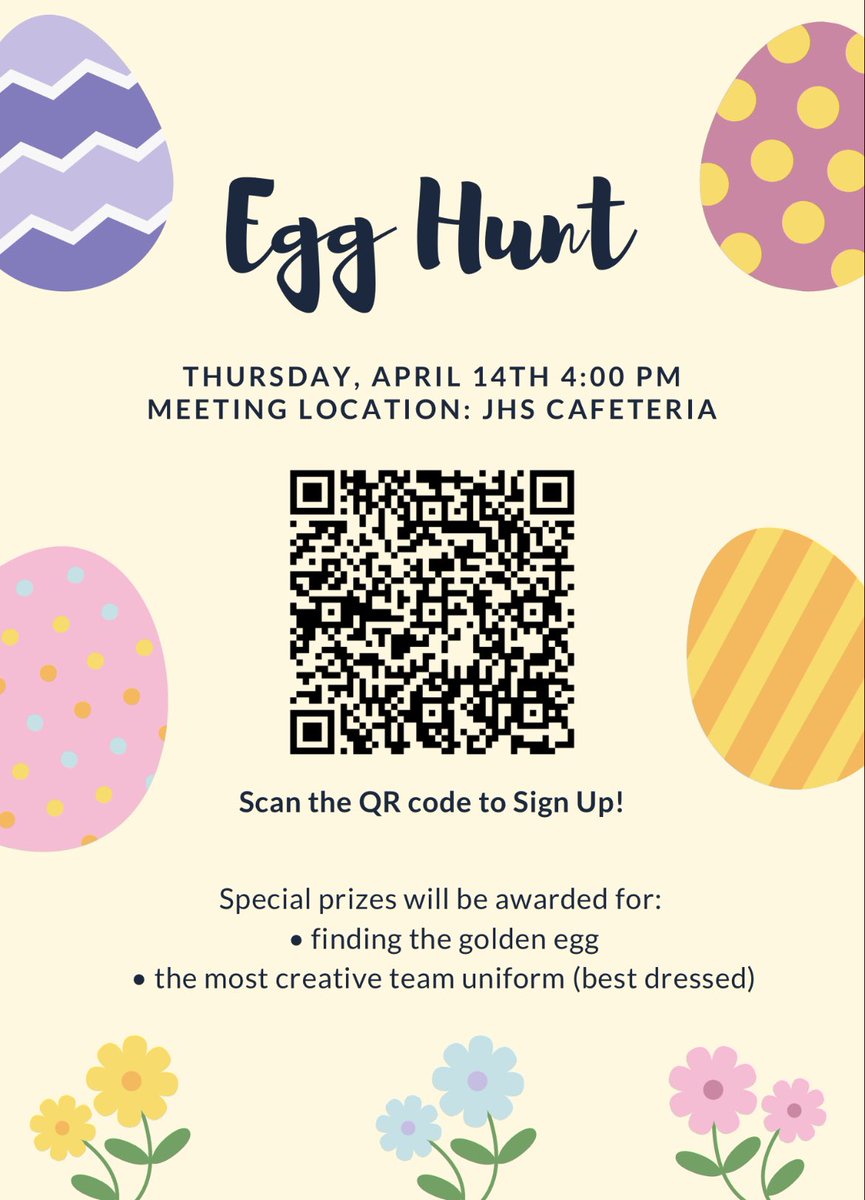 On April 14th at 4:00pm we will be holding an egg hunt in the JHS cafeteria!! Sign up a group friends by scanning the QR code or visiting the link in our bio. Let’s have some spring fun! 🥚🌷
