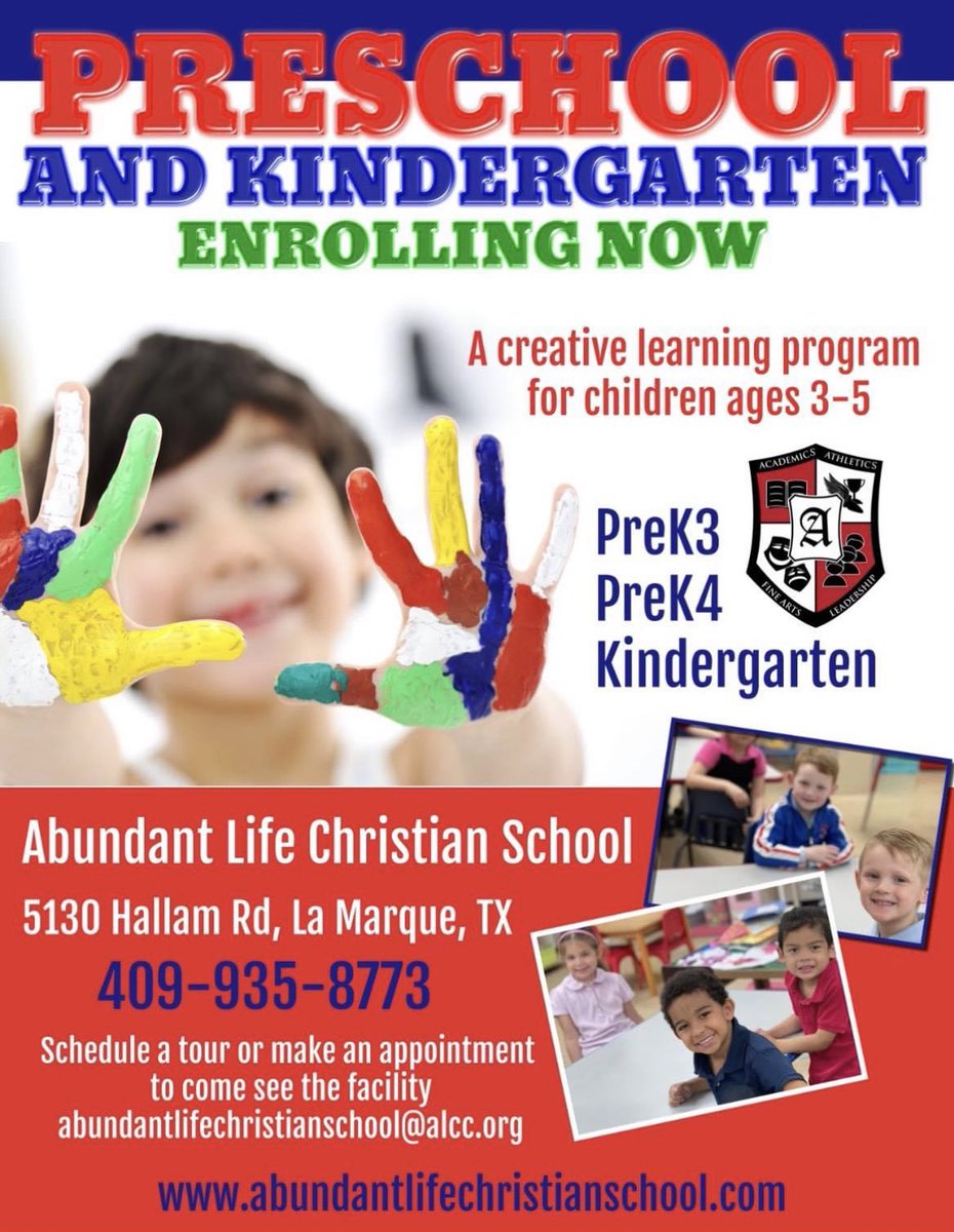 Pastor_Cindy's tweet photo. Preschool and kindergarten enrollment is open! Call today to secure your child’s place at Abundant Life Christian School. 409-935-8773. abundantlifechristianschool@alcc.org https://t.co/ET1xIvYXa1